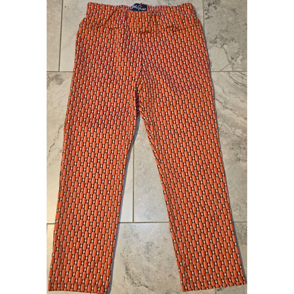 Lesley Evers Orange Geometric Mod Print Elastic Waist Straight Leg Pants Sz Med